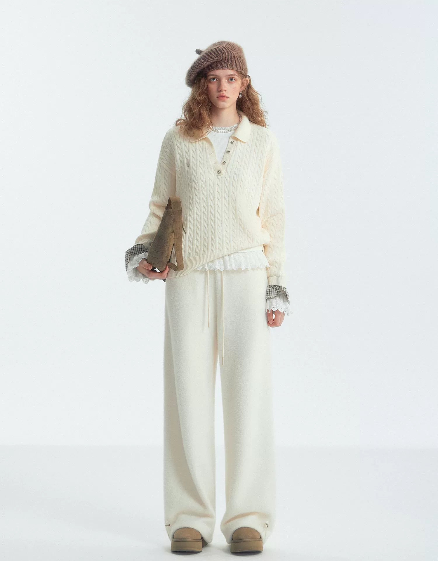 Cable‑Knit Polo Collar Plaid Splice Sweater