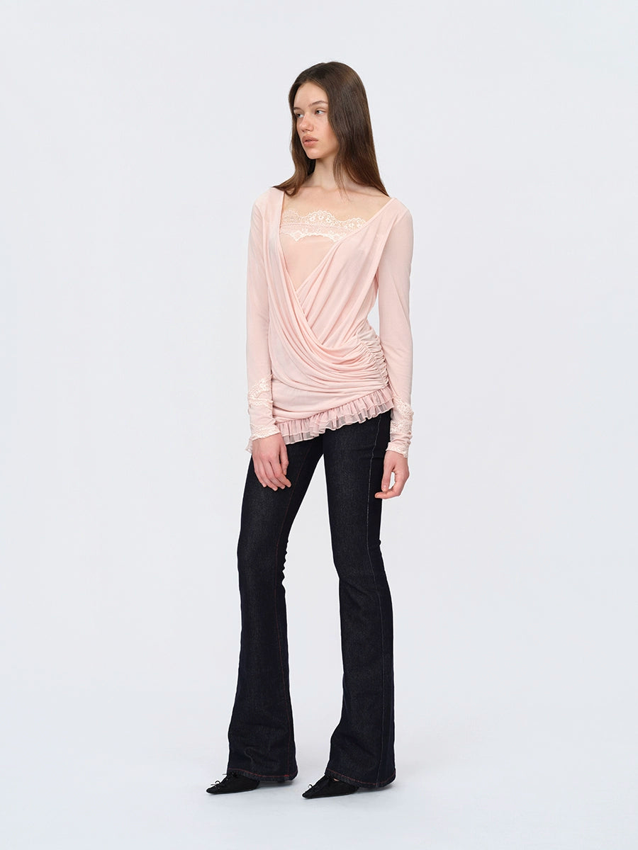 Pink Paneled Ruched Mock-Two-Piece Blouse