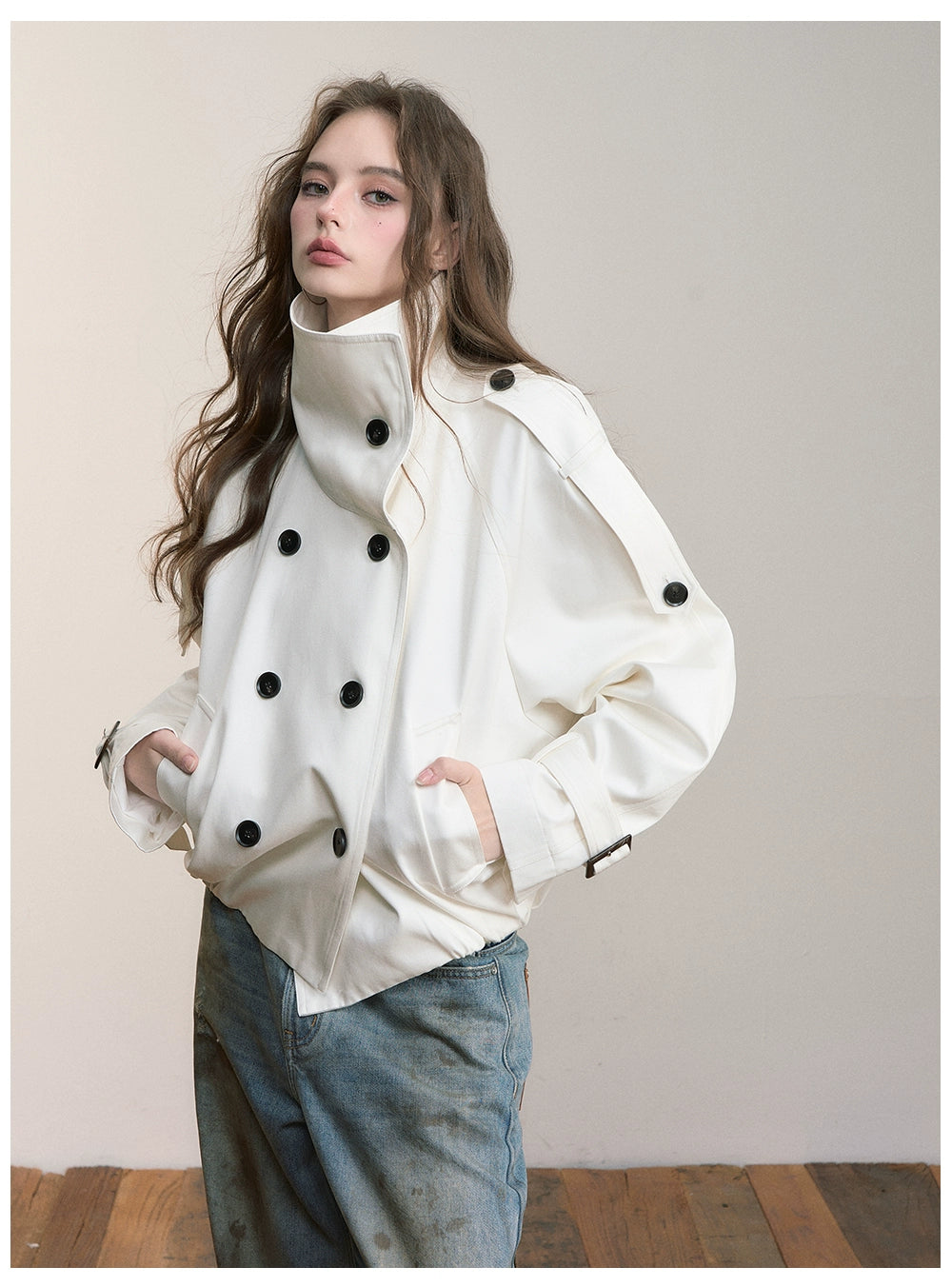 Vintage Pleated Stand Collar Jacket