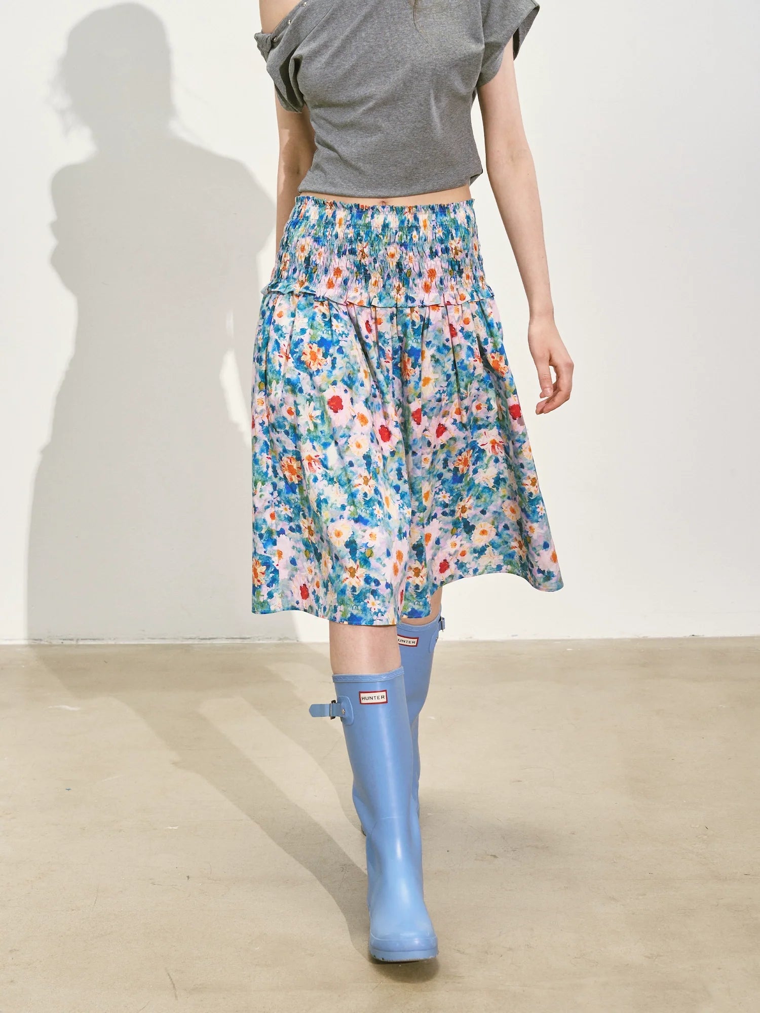 Floral Waist-cinching Slim-fit Midi A-line Skirt