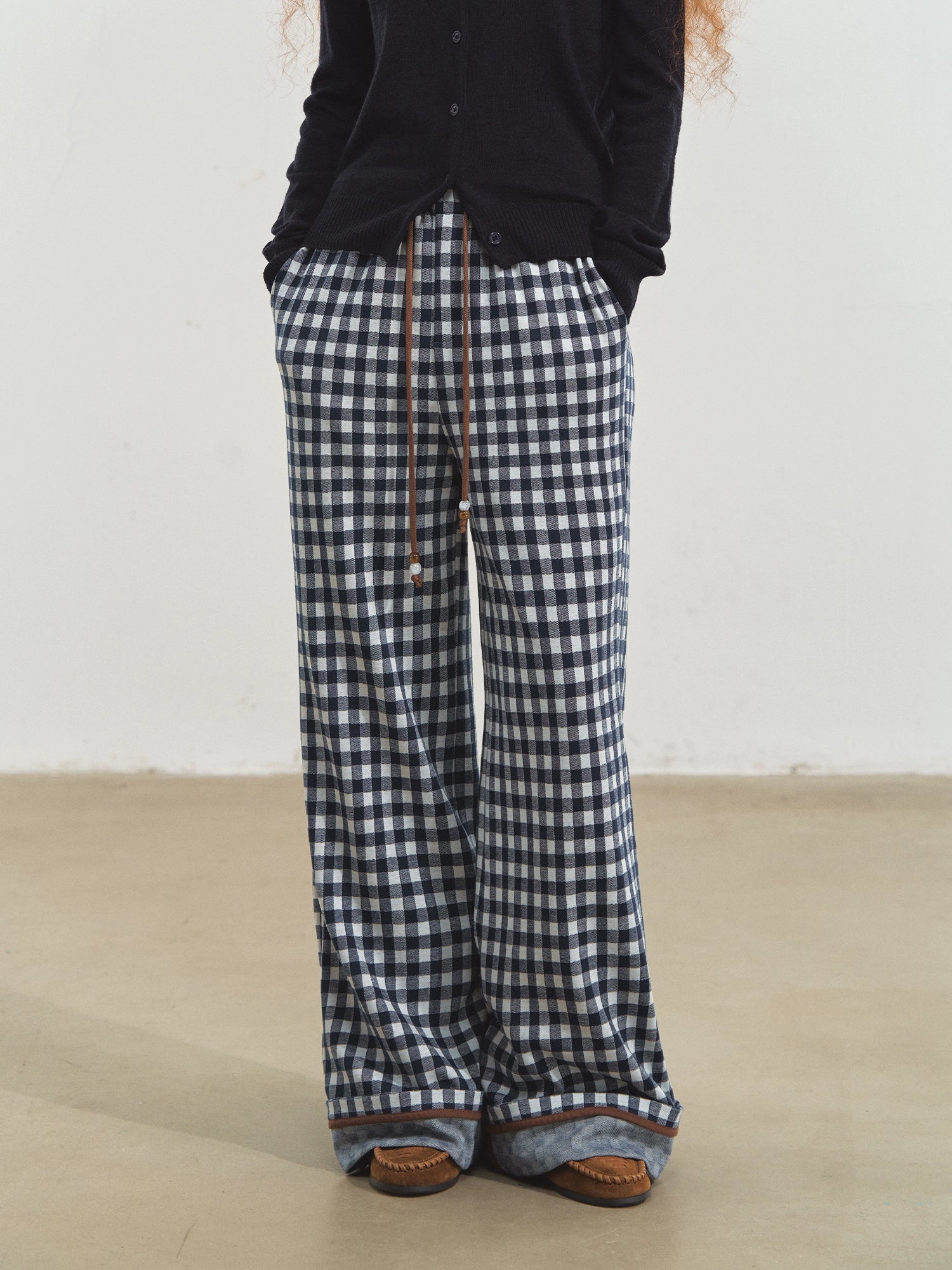 Blue Checkered Cuffed Wide-Leg Pants