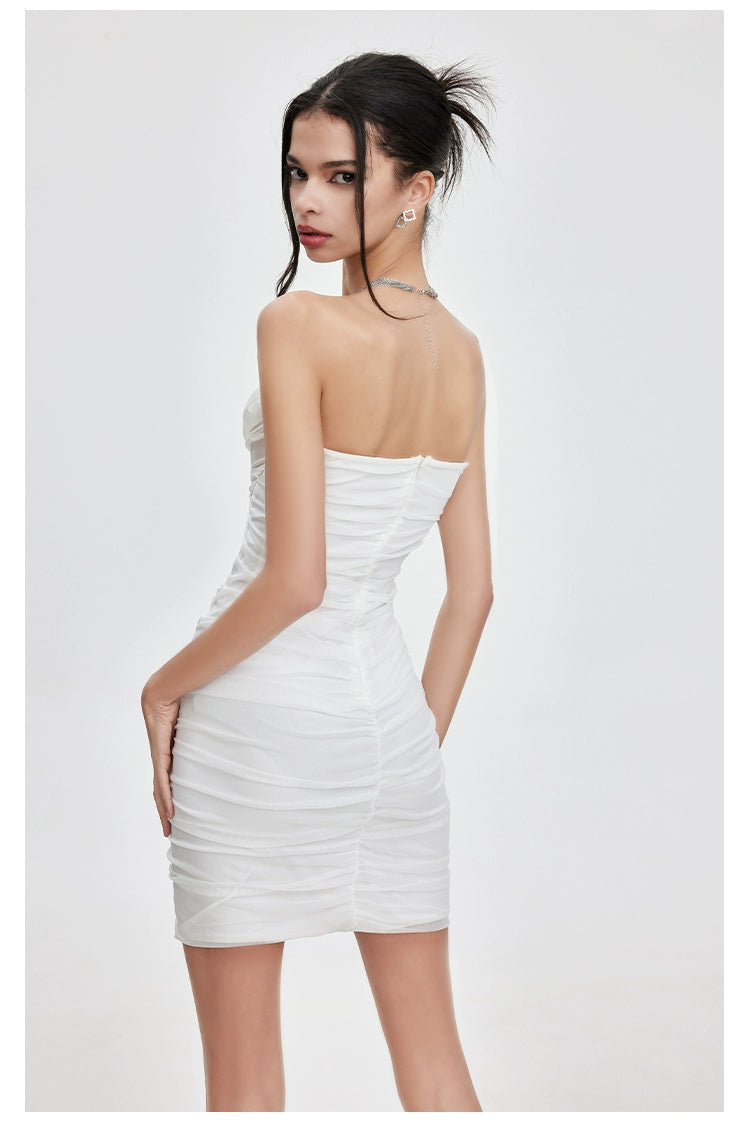 Mesh Ruched Strapless Dress