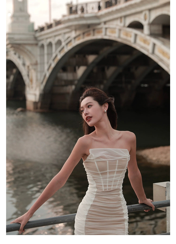 Mesh Ruched Strapless Dress