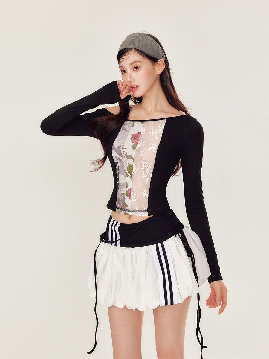 Lace Floral Off-Shoulder T-shirt & Skirt Set