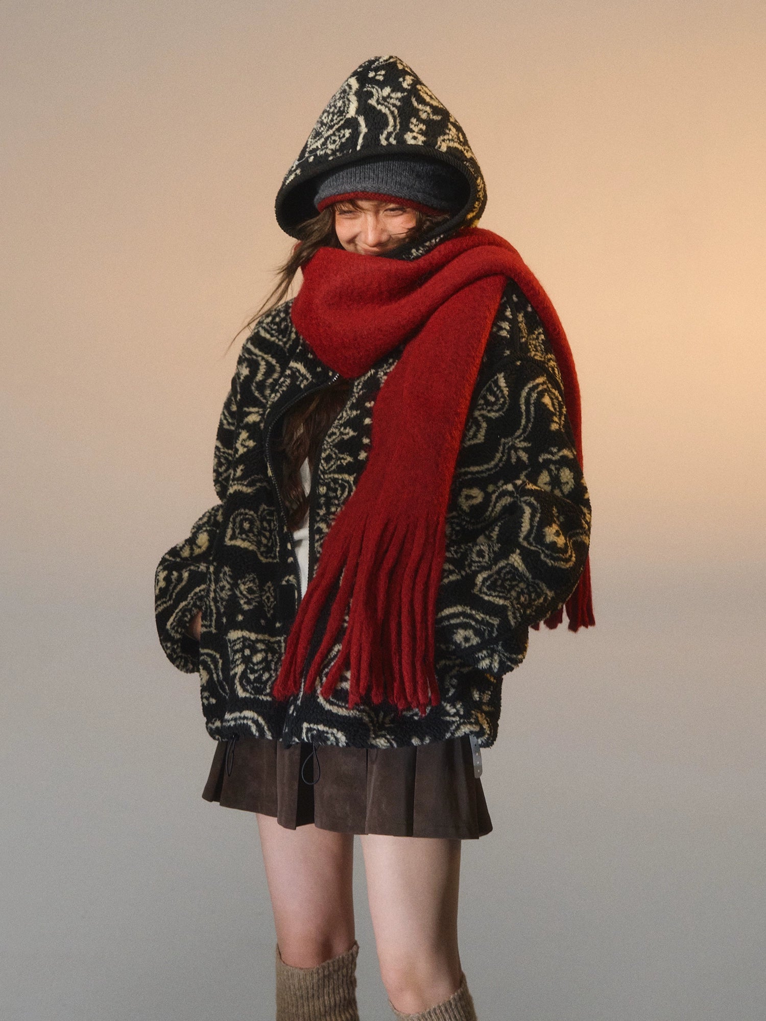 Jacquard Fleece Hooded Casual Jacket