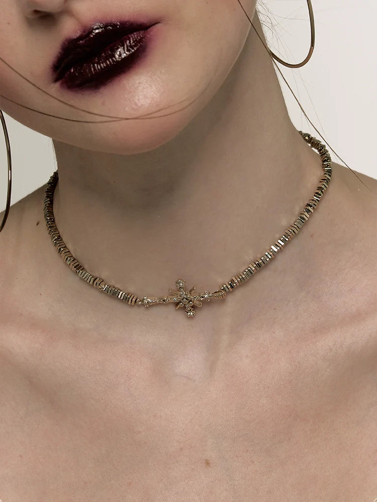 Retro Gold Cross Broken Silver Choker