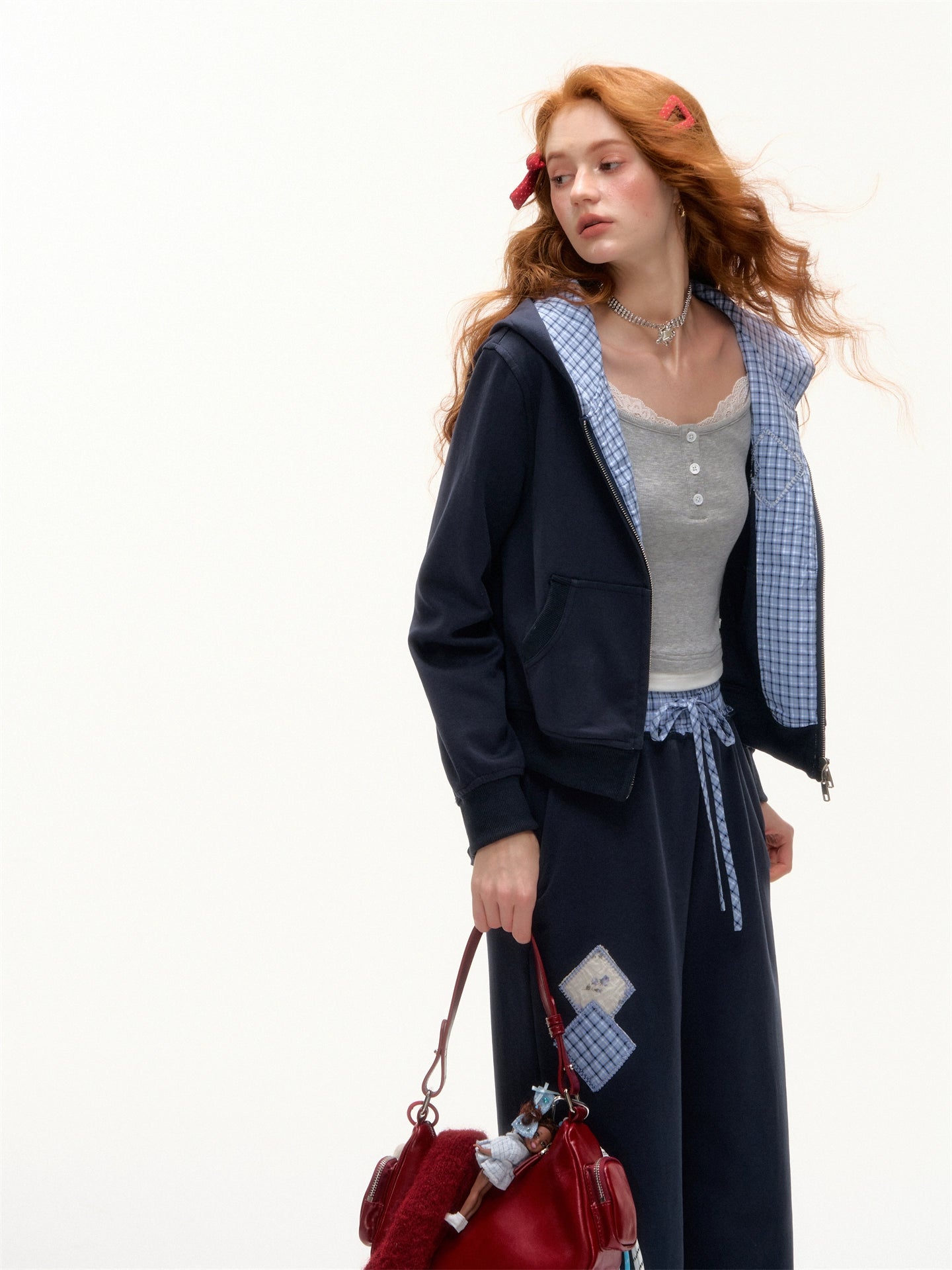 Plaid Patchwork Sweatshirt & Sweatpants Set