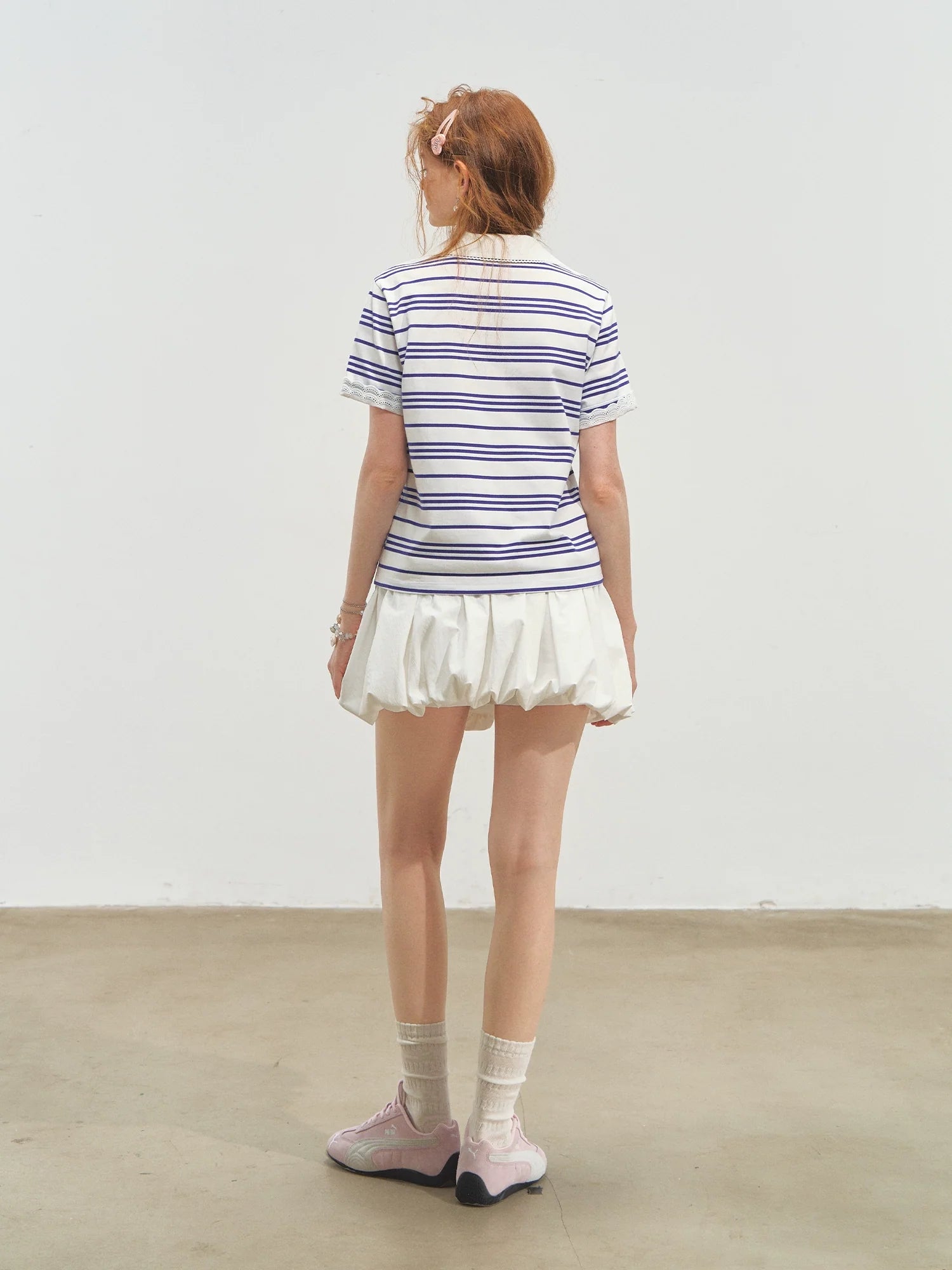 Striped Lace Short-Sleeve Polo Neck T-Shirt