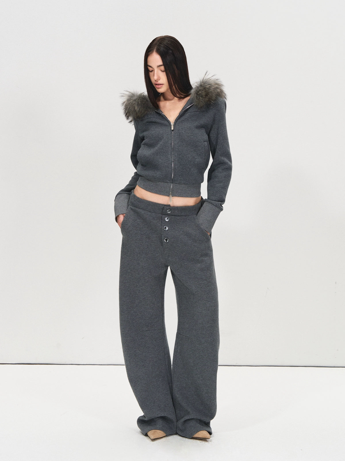 Detachable Fur Collar Hoodie & Sweatpants Set