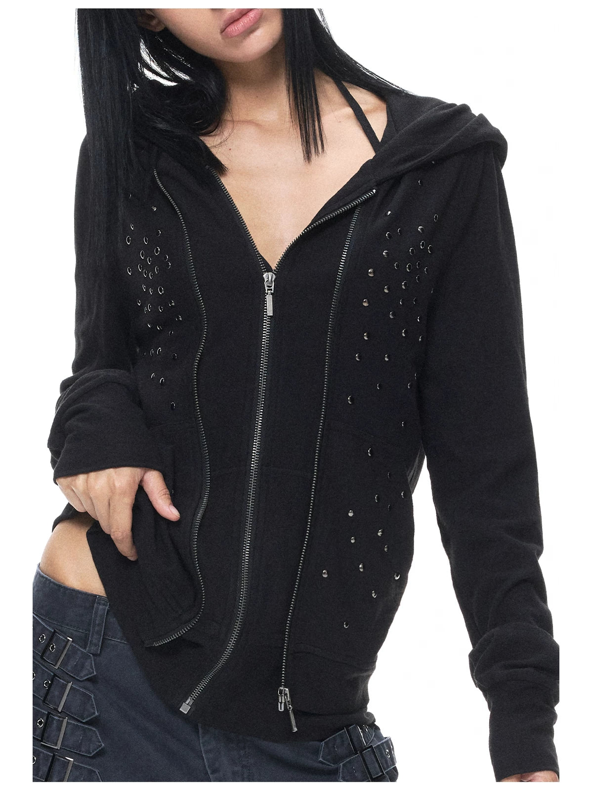 Black Studded Stripe Zip Hoodie