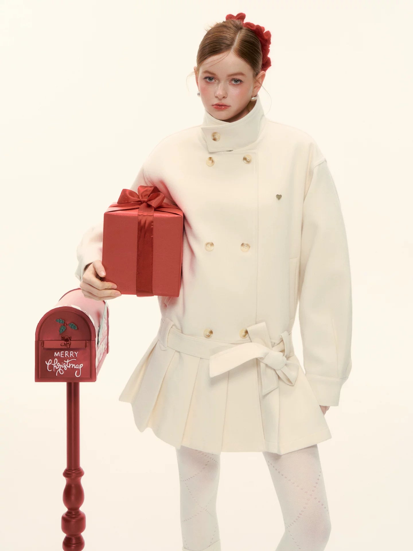 Double-Breasted Pleated Hem Wool Down Coat