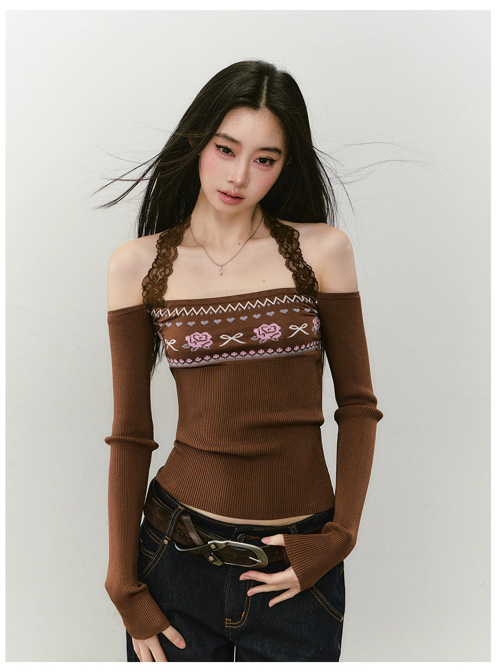 Lace Halter Two-way One-shoulder Sweater