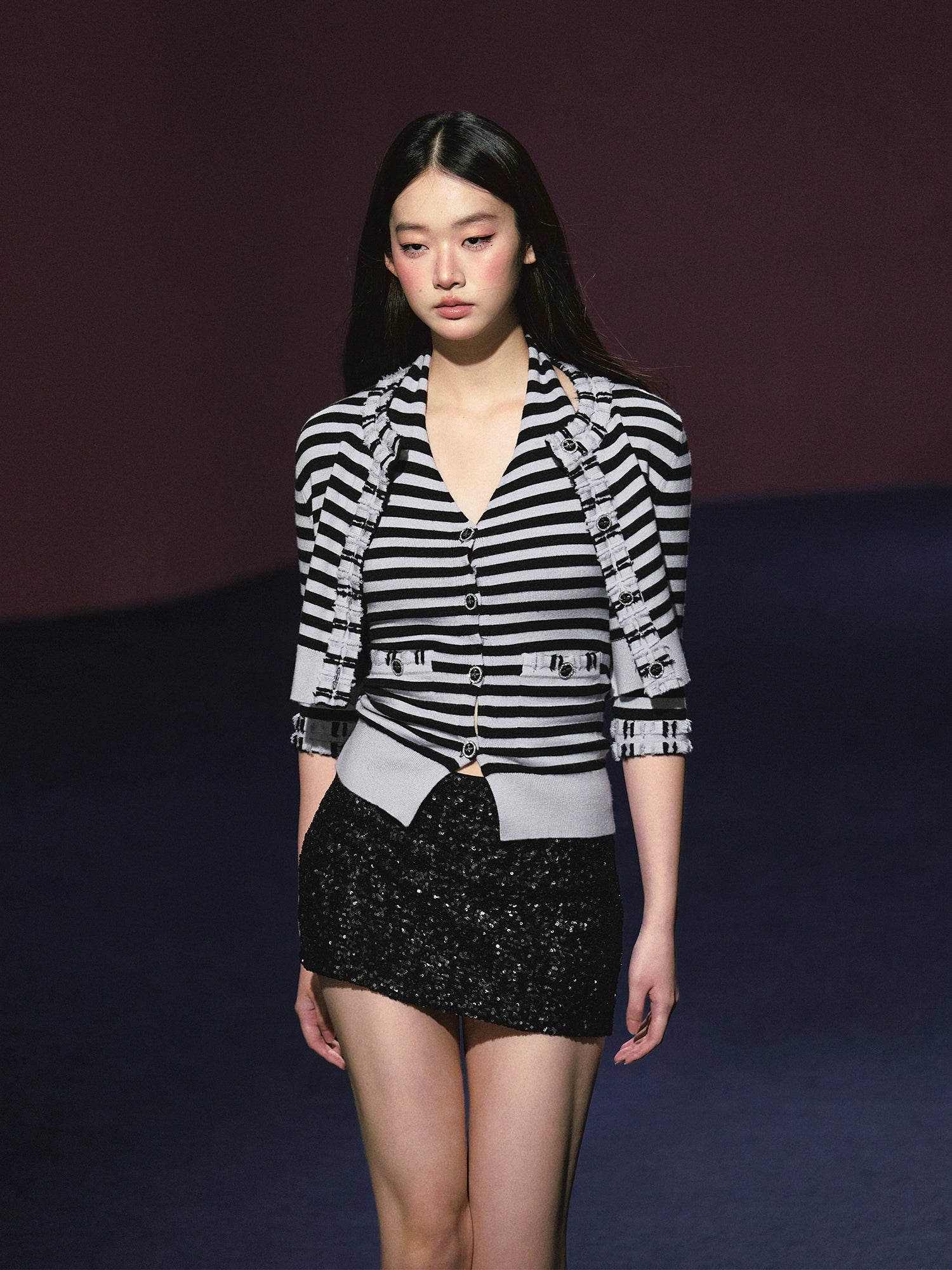 Contrast Stripe Halter Camisole Tank Top & Cardigan Set