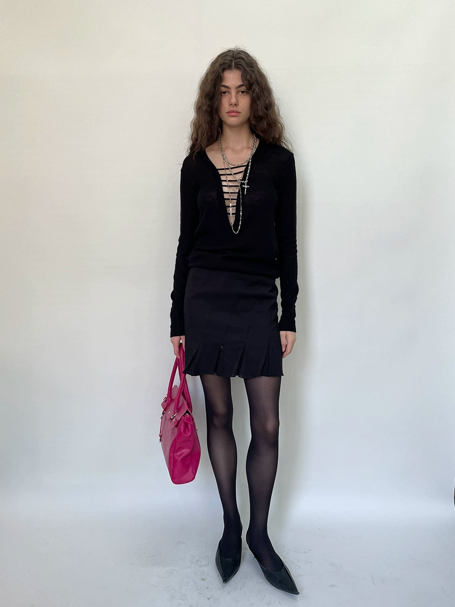 Black & Green Wool Handmade Drawstring Knit Pullover Sweater