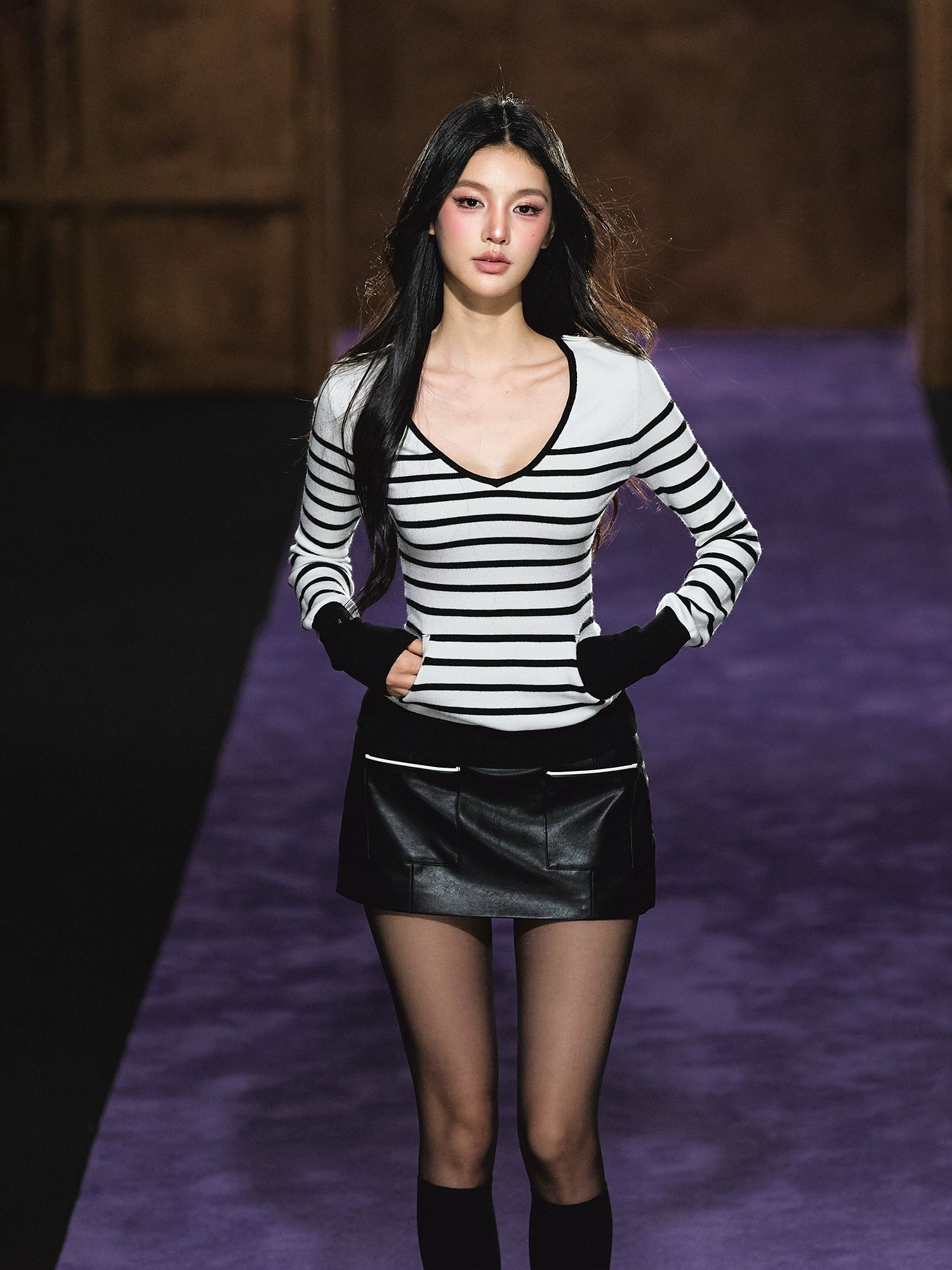 Striped V-Neck Epaulet Long-Sleeve Tee