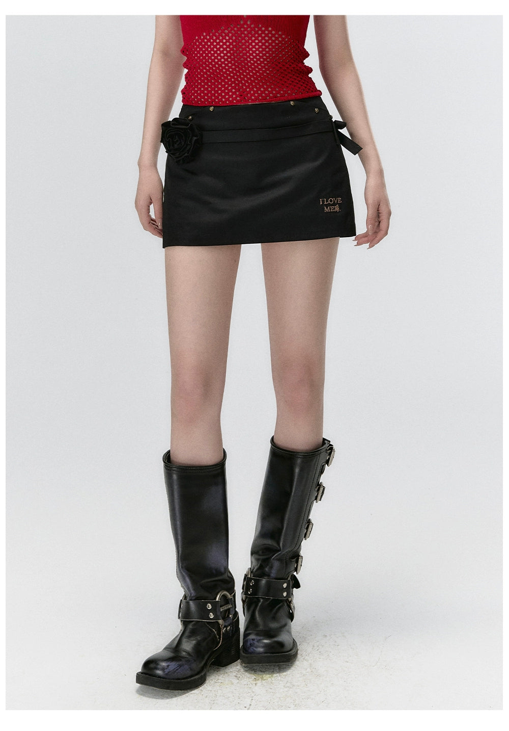 "I LOVE ME" Embroidered Rose Belt A-Line Mini Skirt
