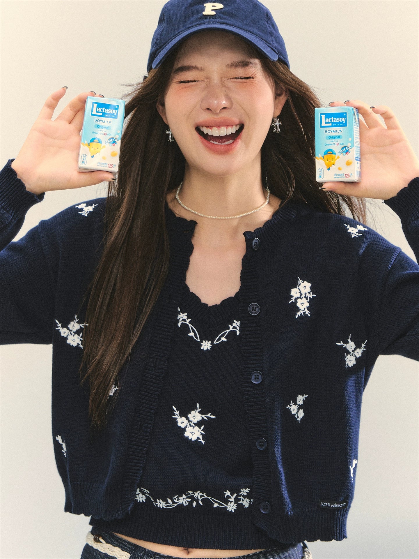 Navy Floral Embroidered Cardigan & Camisole Set