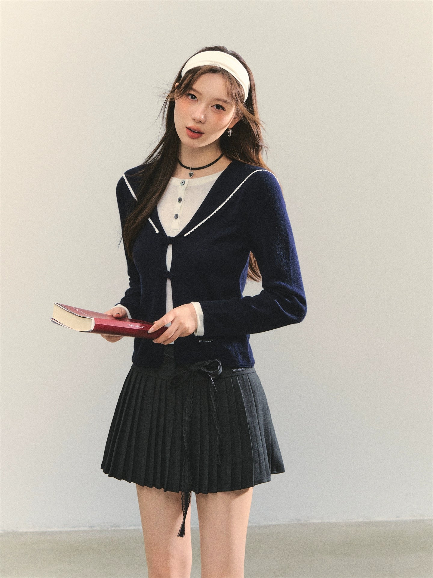 Navy Blue & Gray Sailor-Bow Knit Cardigan