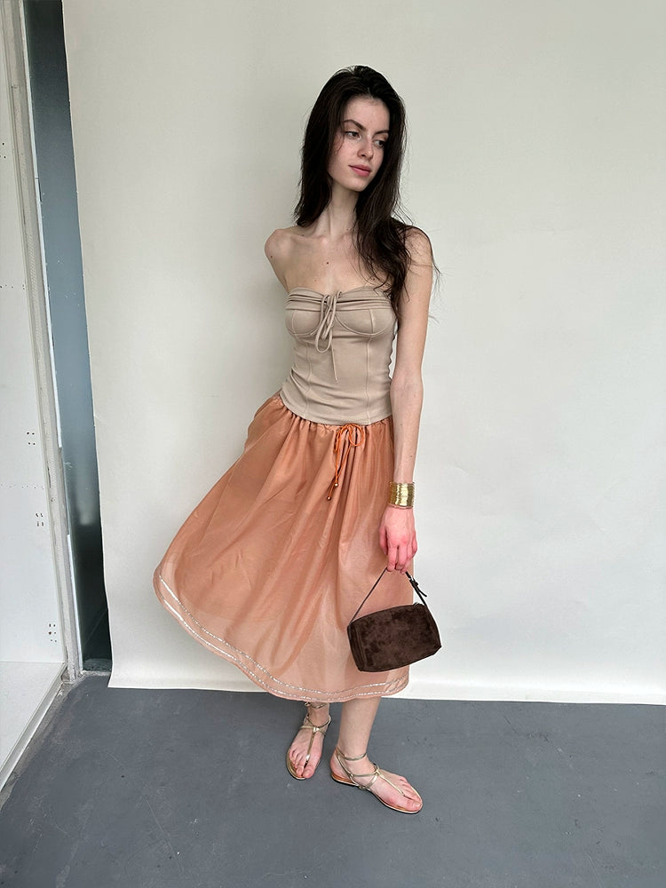 Orange Tencel Embroidered Beaded Skirt