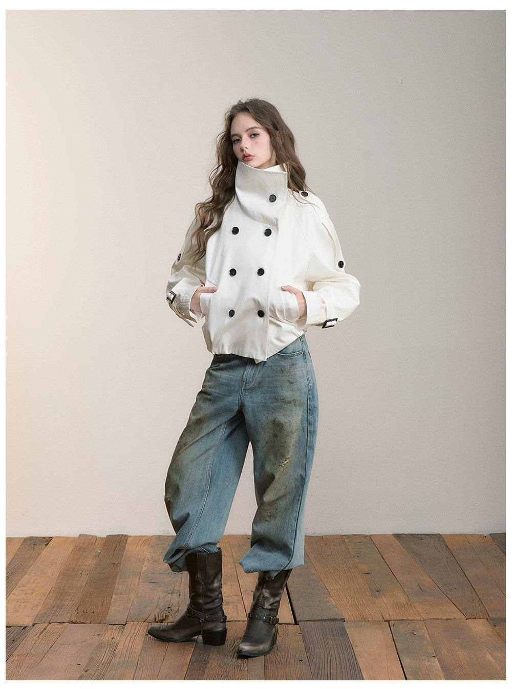 Vintage Pleated Stand Collar Jacket