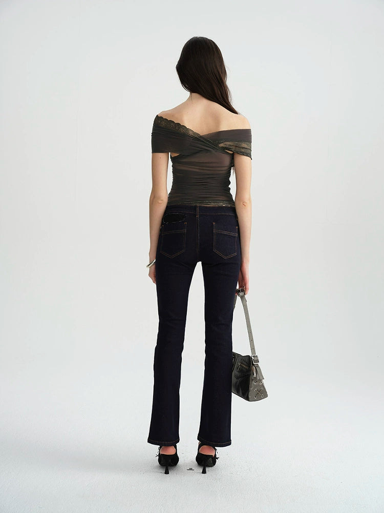 Dark Blue Lace Paneled Cutout Slim Jeans