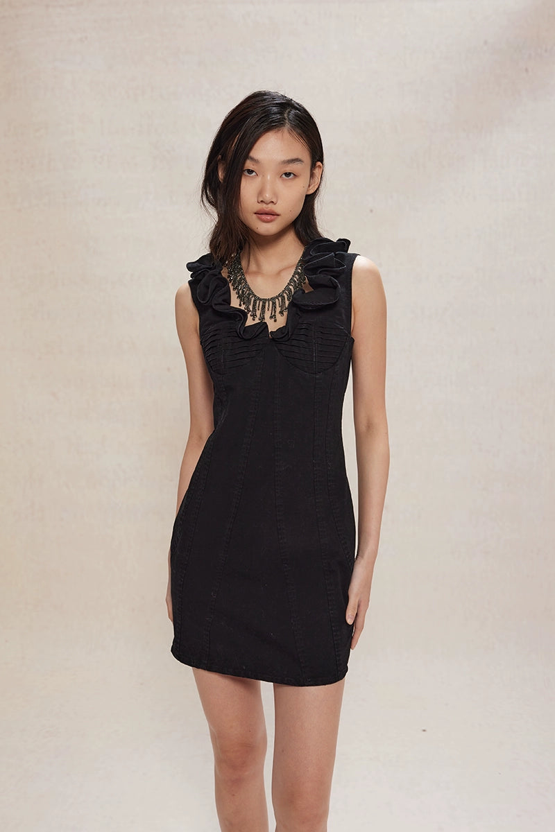 Black Ruffled V-neck Denim Dress