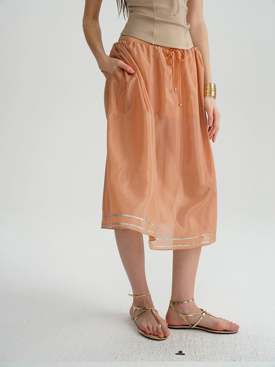 Orange Tencel Embroidered Beaded Skirt