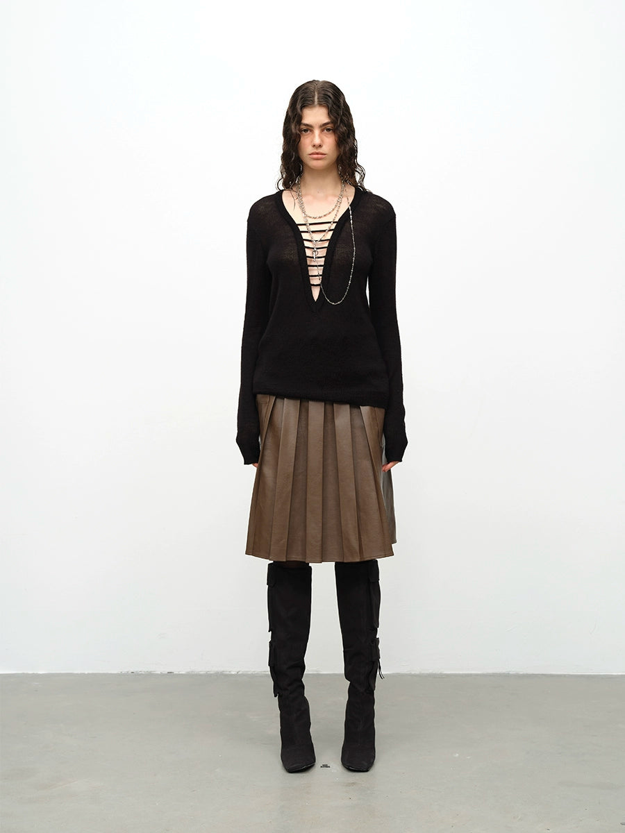 Black & Green Wool Handmade Drawstring Knit Pullover Sweater