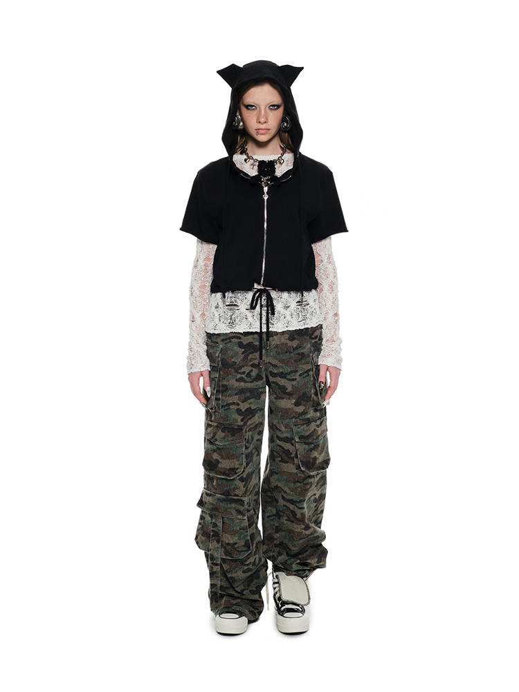 Black & White Cat-ear Short-sleeve Hoodie