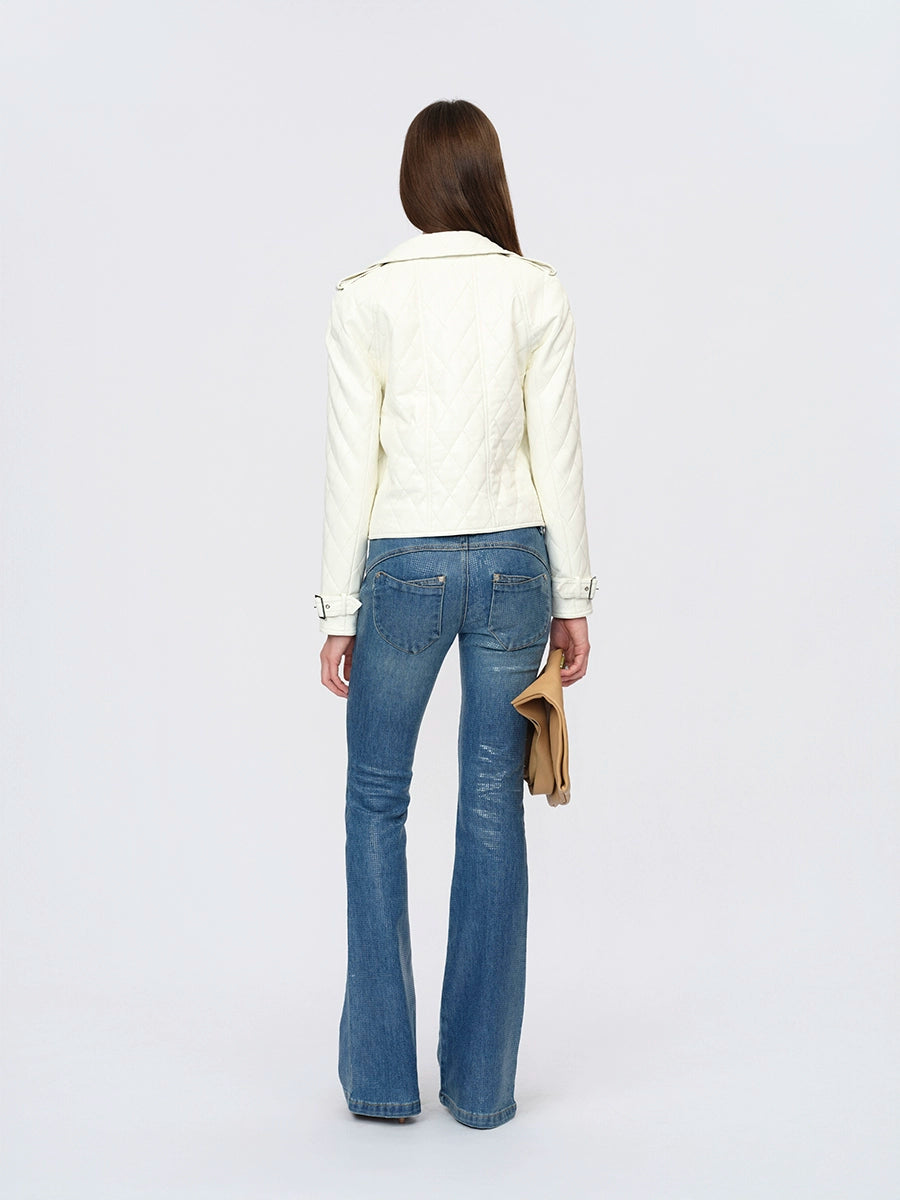 White Paneled Fitted Faux-Leather Jacket