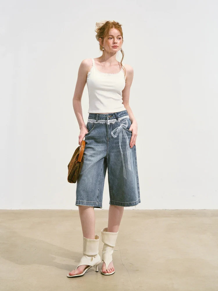 Imitation-Lace Printed High-Waist Denim Mid-Length Pants