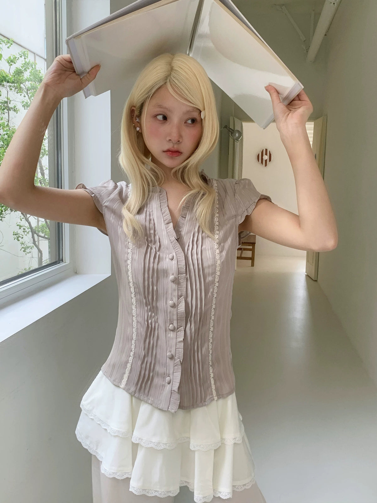 Lace Ruffle Waist Short Sleeve Top