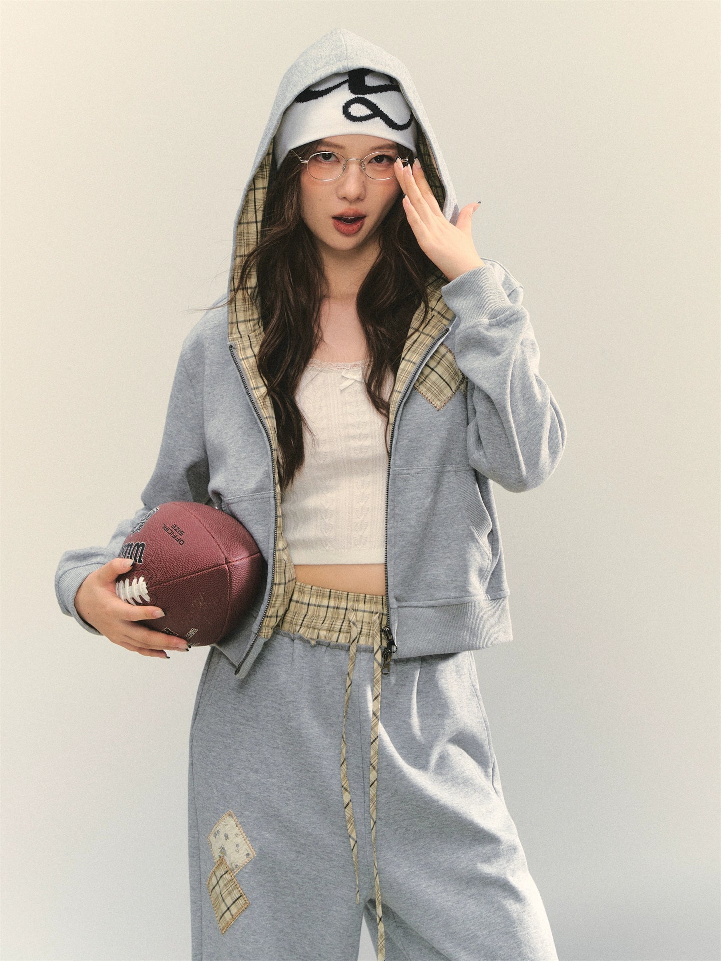 Gray Embroidered Zipper Hoodie& Checkered Pants Set