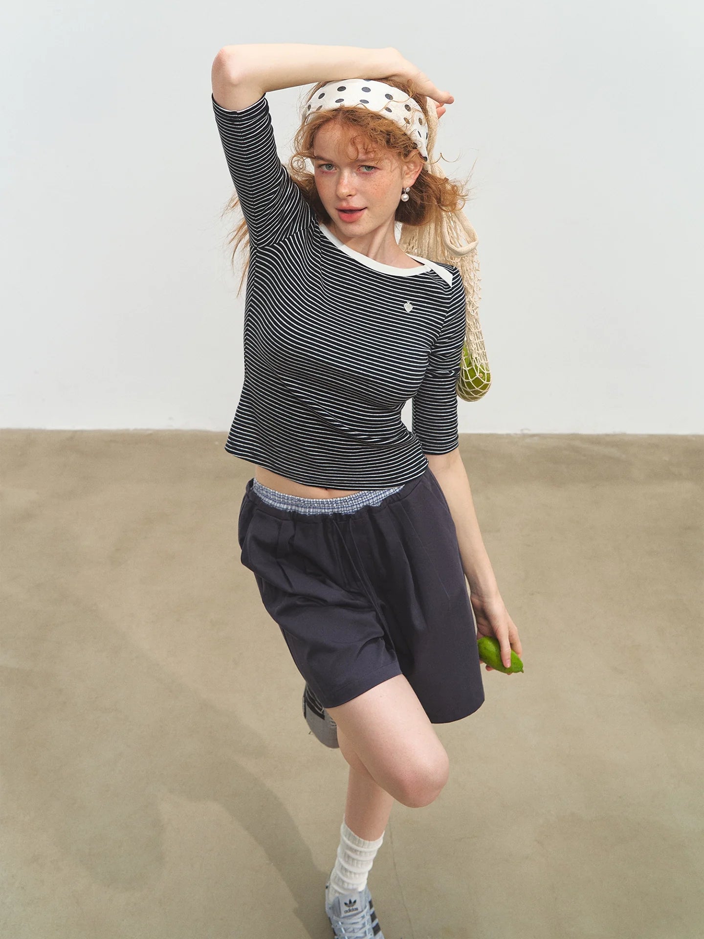 Envelope Neck Mid-sleeve Striped T-Shirt