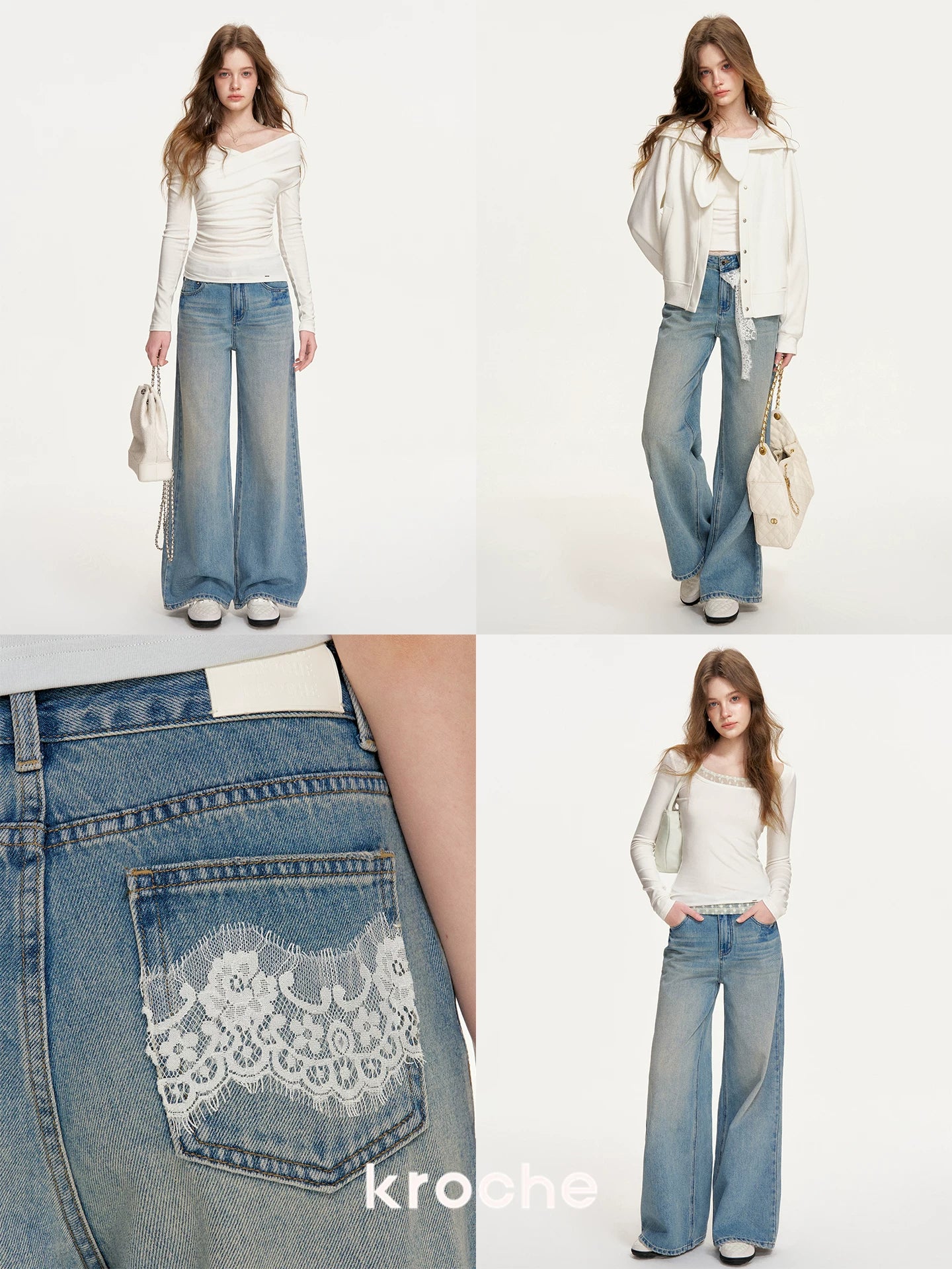 Denim Blue Lace Tie Wide-Leg Jeans