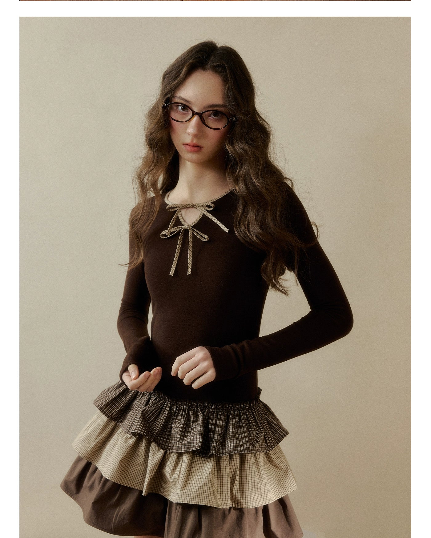 Brown & White Knit Plaid Tiered Dress