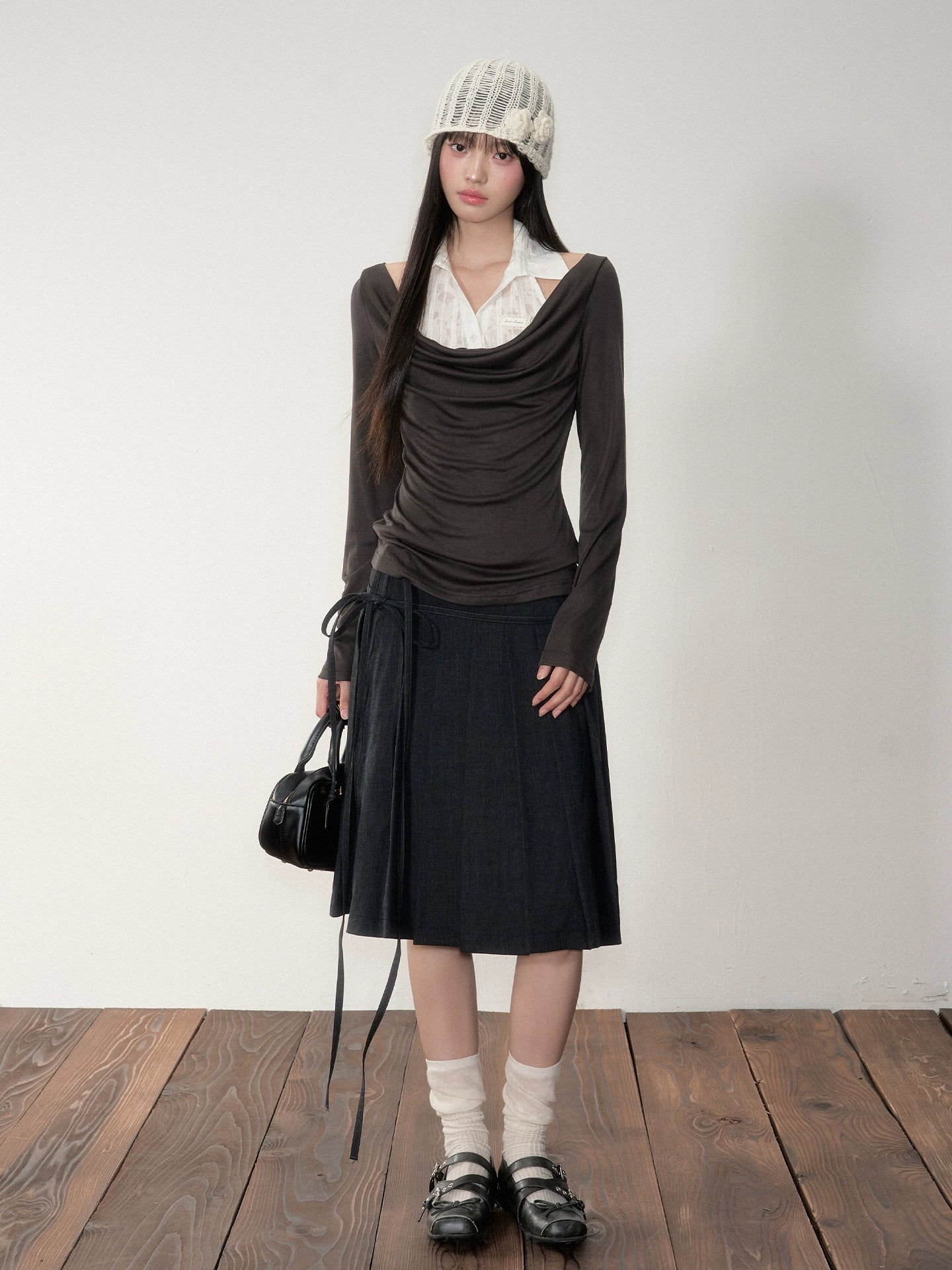 Dark Grey Tie-Waist Pleated Midi Skirt