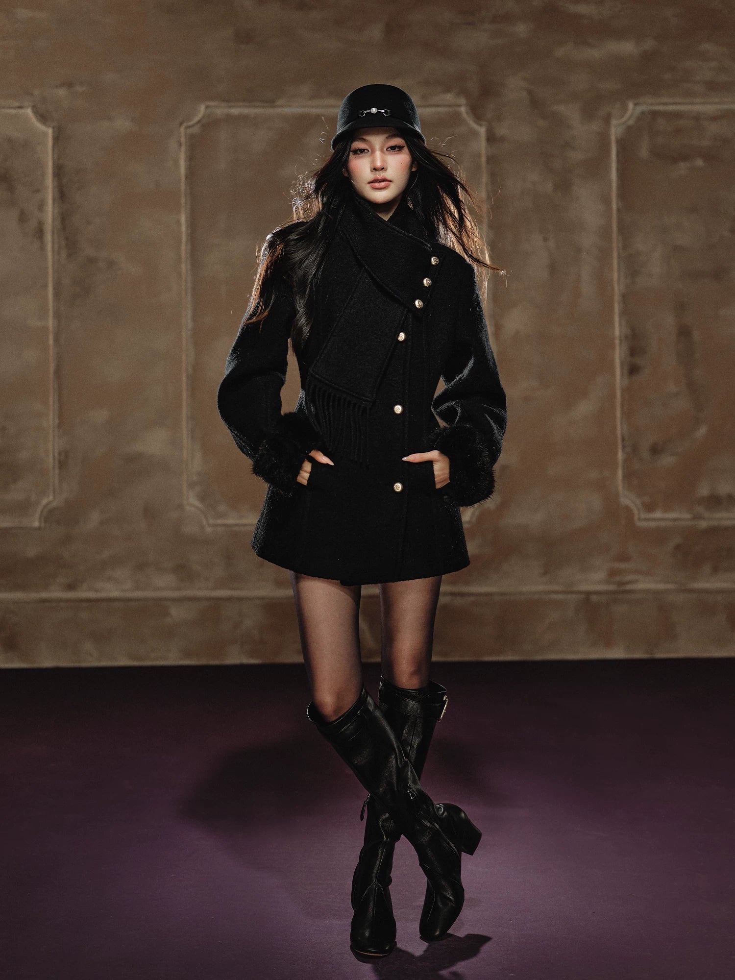 Black Wool Hourglass Coat & Scarf Set