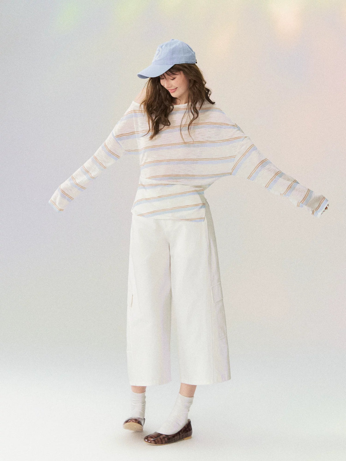 Sheer Off-Shoulder Striped Long Sleeve T-shirt
