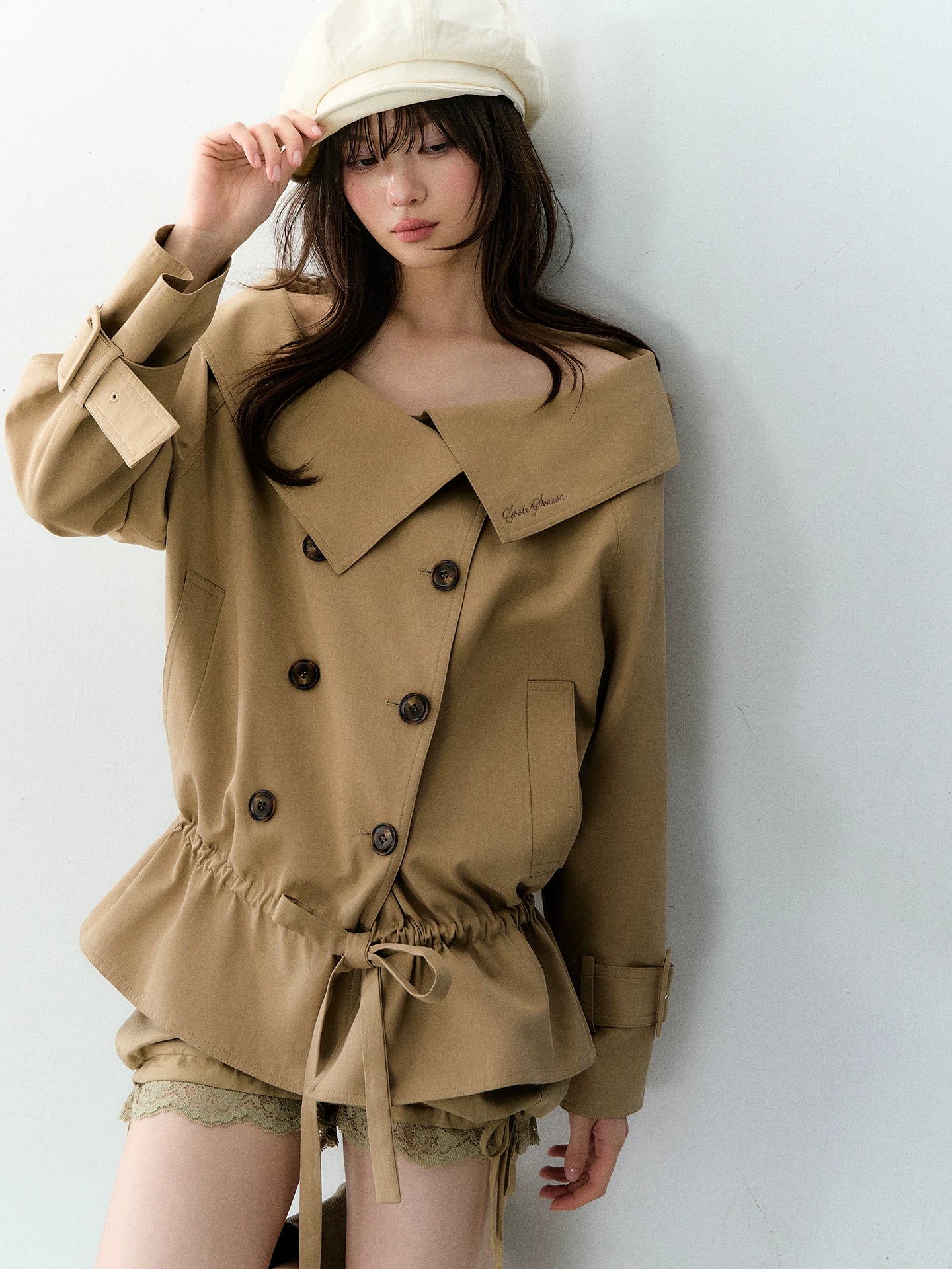 Khaki Lyocell Off Shoulder Trench