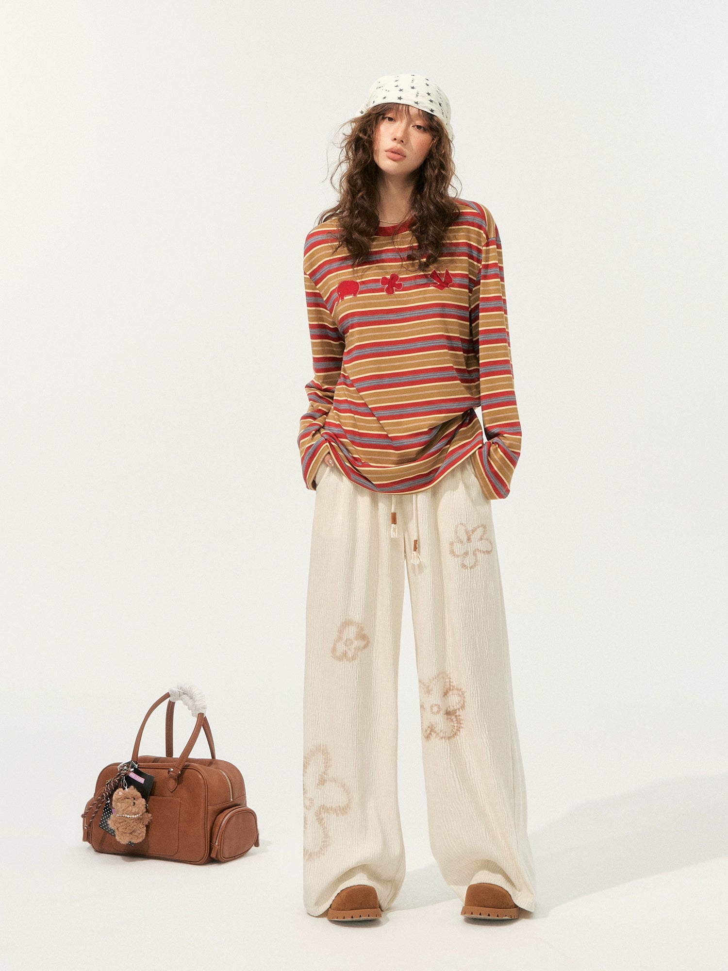 Color-Block Applique Embroidered Striped Long-Sleeve T-Shirt