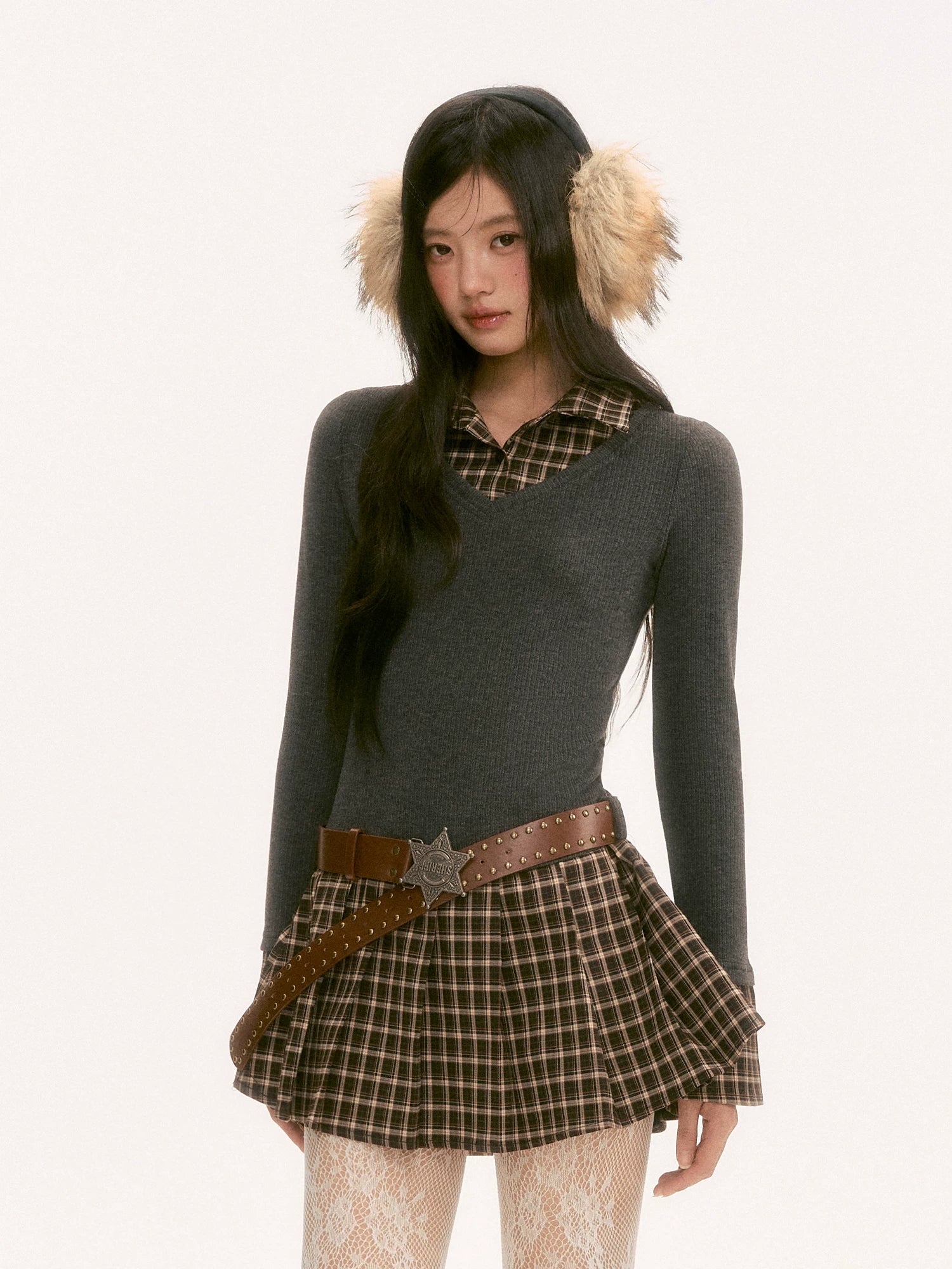 Gray Plaid Knit Midi Dress