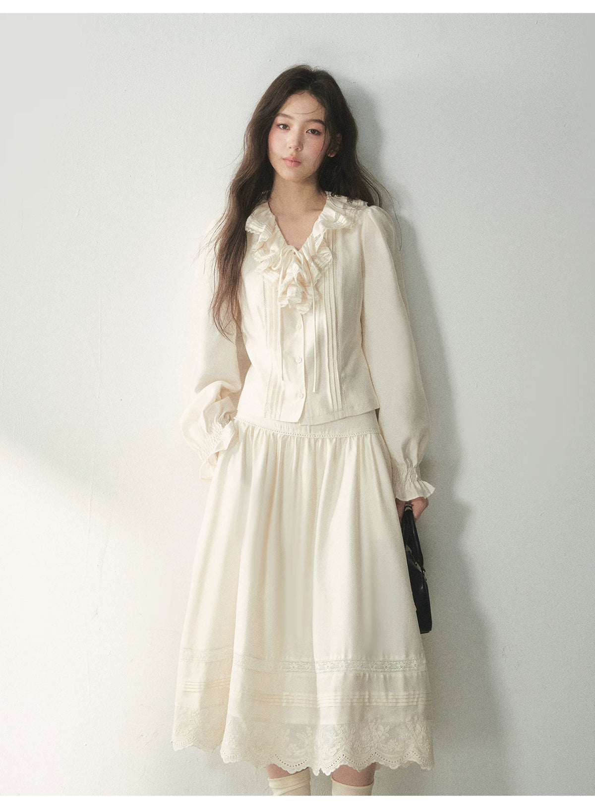 Vintage Ruffle Lace Shirt & Skirt Set