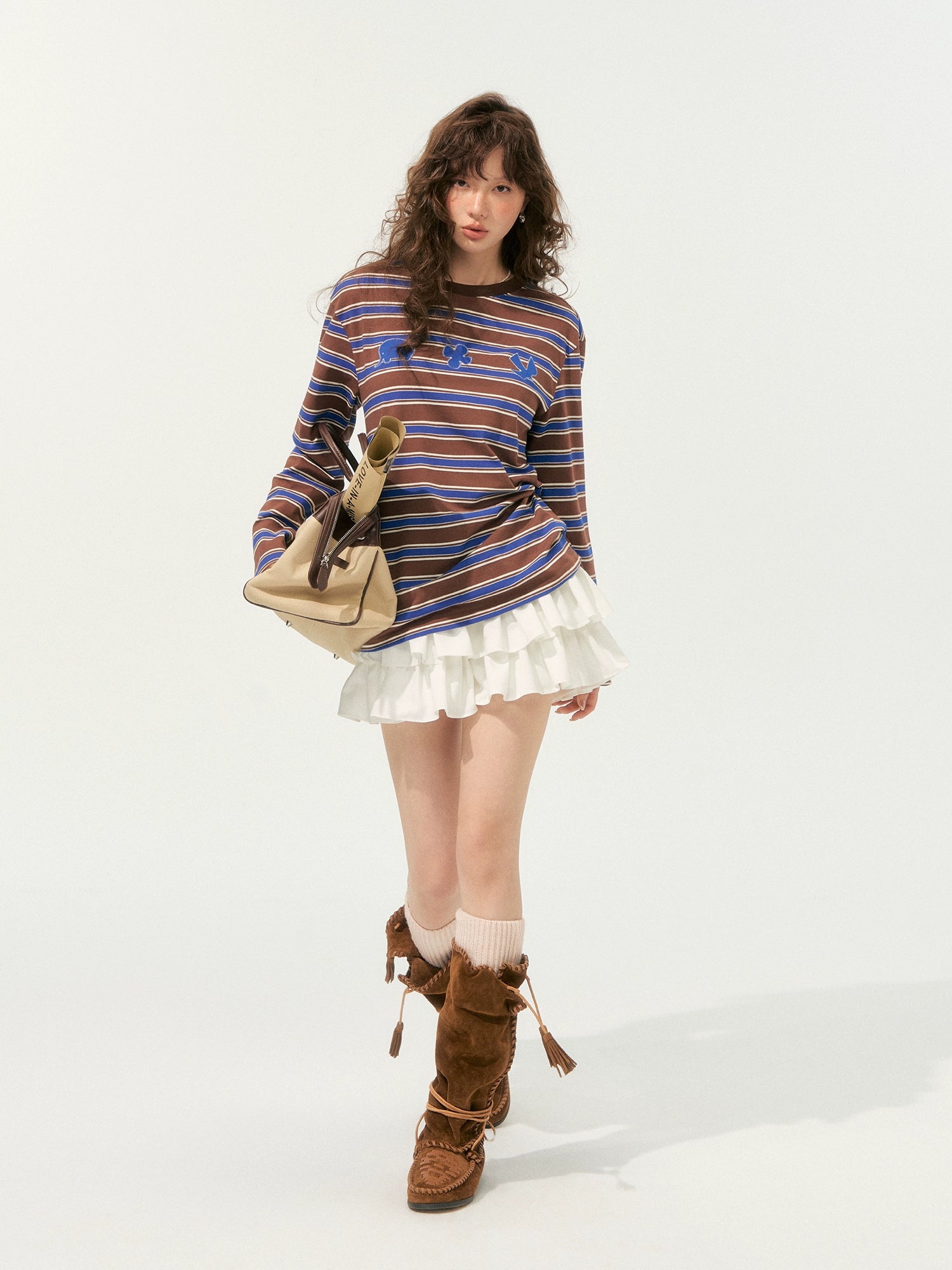 Color-Block Applique Embroidered Striped Long-Sleeve T-Shirt
