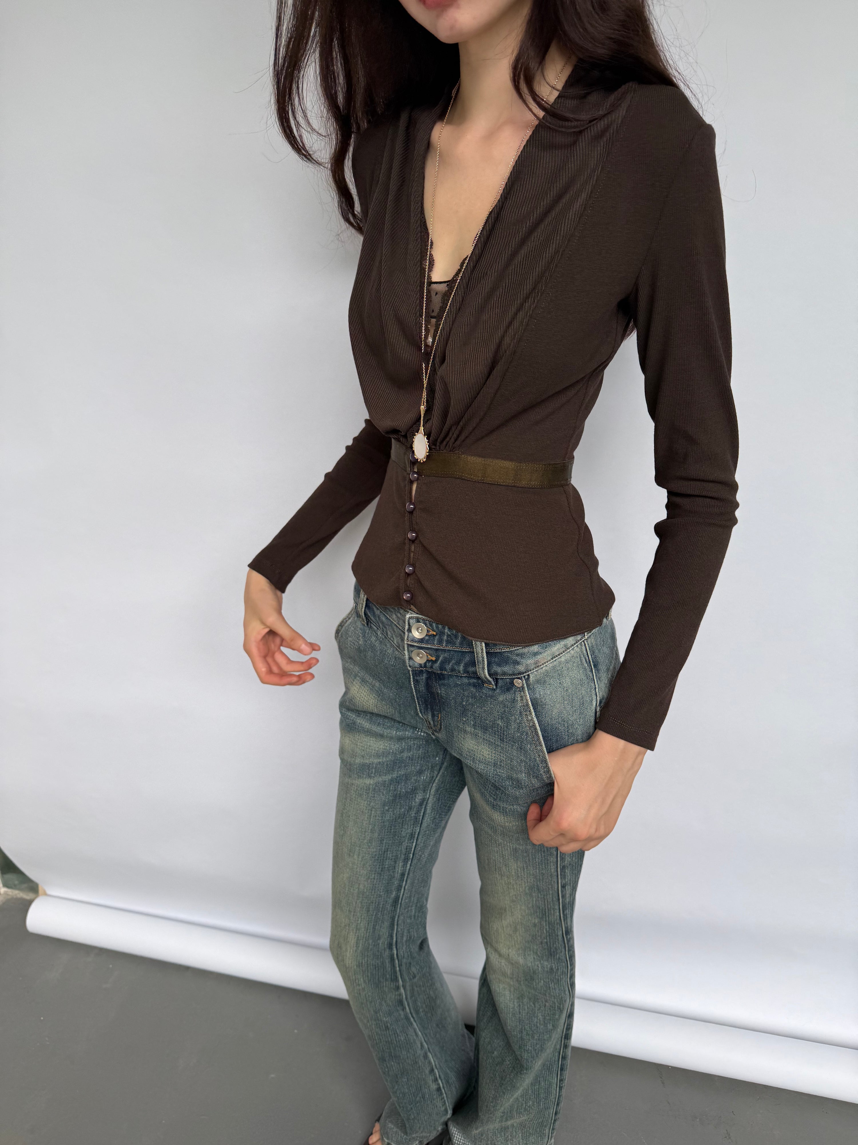Brown Ruched V-Neck Top