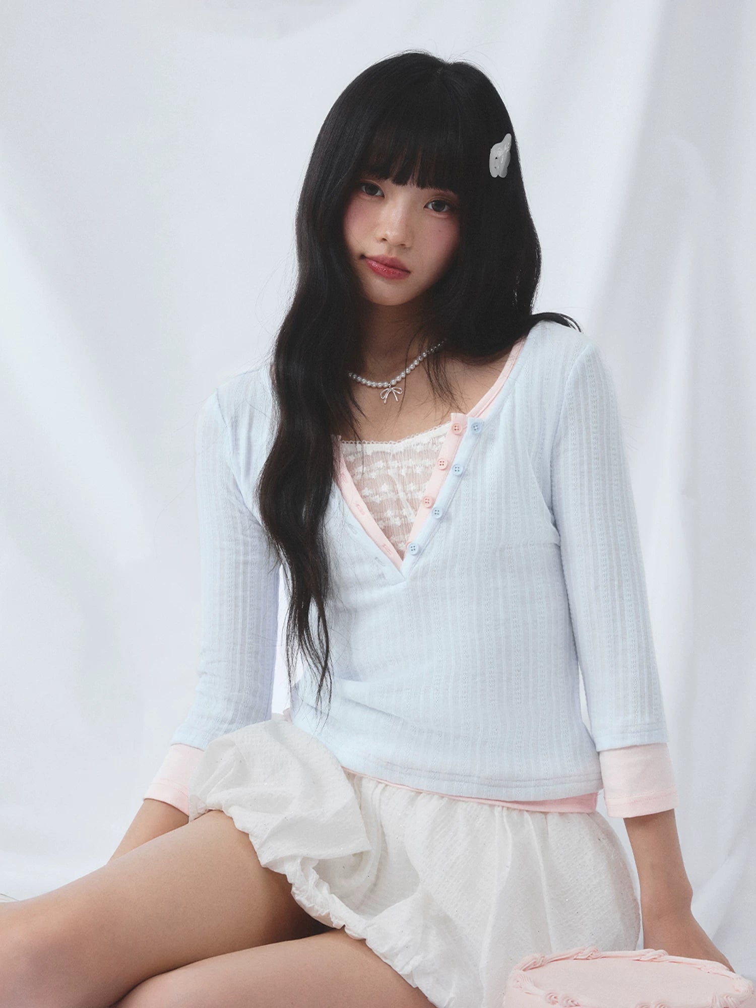 Light Blue Lace Panel Layered Top