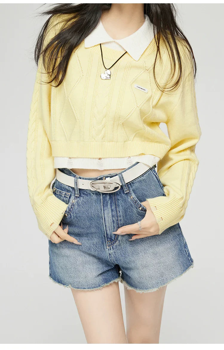 Yellow & Gray 2-in-1 Frayed-edge Sweater