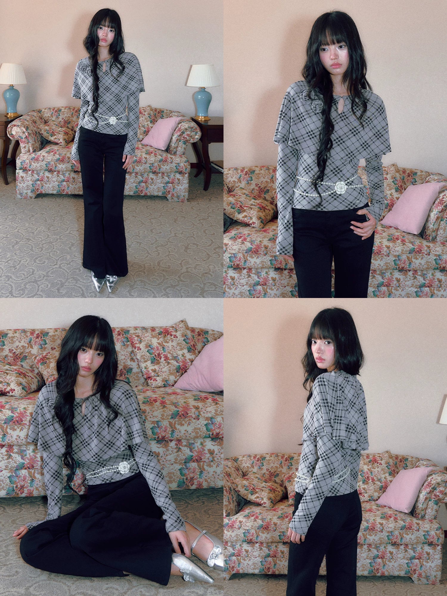 Gray Plaid Cape Top