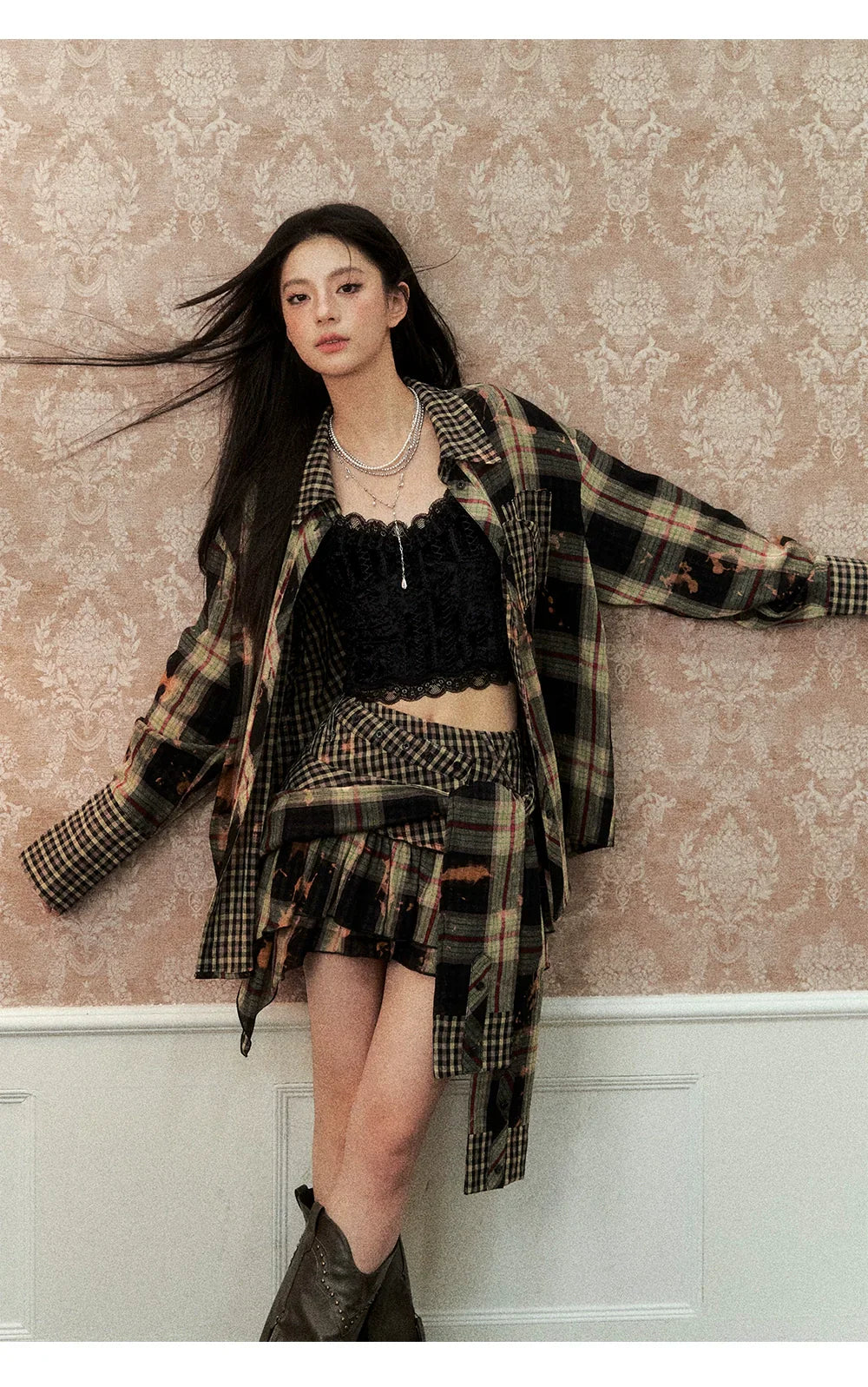 Washed Distressed Plaid Shirt & Skirt Set