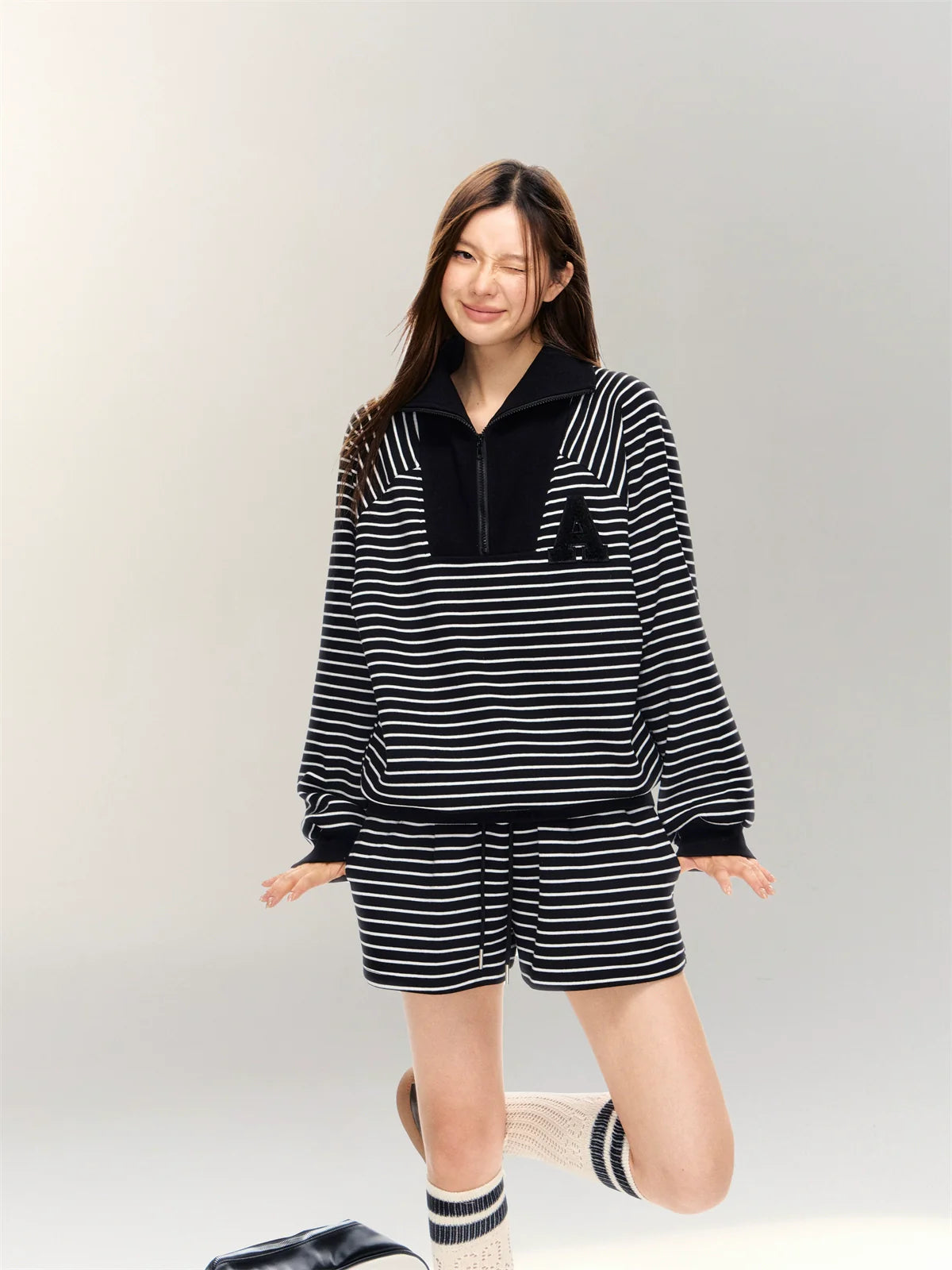 Striped Embroidered Sweatshirt & Shorts Set